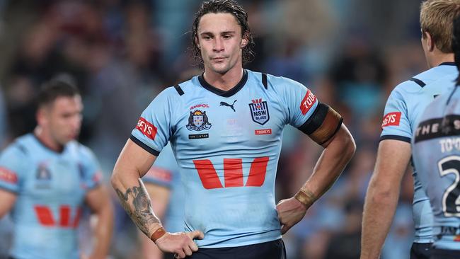 SYDNEY, AUSTRALIA - JUNE 05:  Nicho Hynes of the Blues reacts after a Maroons try during game one of the 2024 Men's State of Origin Series between New South Wales Blues and Queensland Maroons at Accor Stadium on June 05, 2024 in Sydney, Australia. (Photo by Cameron Spencer/Getty Images)