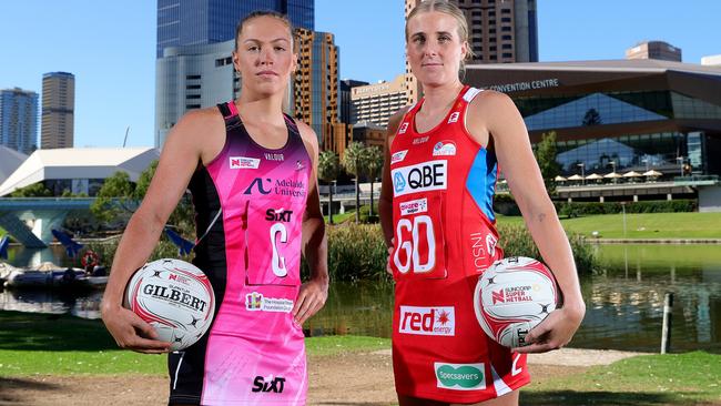 Thunderbirds captain Hannah Petty and Swifts captain Maddy Turner. Picture: Sarah Reed/Getty Images for Netball Australia