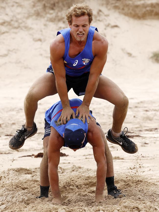 Mitch Wallis jumps over Luke Dahlhaus. Picture: Michael Klein