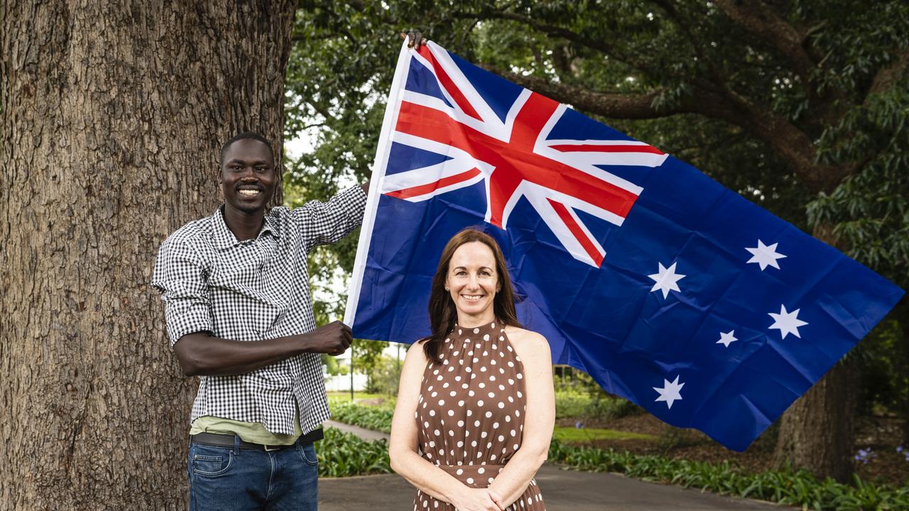 South Sudan born man Thuch Angui and past Toowoomba Citizen of the Year recipient Shirley-Anne Gardiner are ready to celebrate Australia Day 2022. Picture: Kevin Farmer