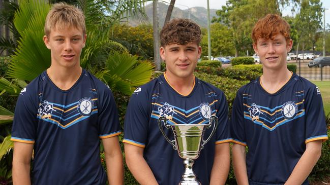 Ryan Catholic College will contest the NQISSRL Blackhawks Schoolboy Trophy in the u15 Grand Final on Wednesday, June 7 2023. Pictured from left to right: Halfback Brad Pilchowski, Captain Aston Smith and 5/8 Ryan Rath. Picture: Supplied.