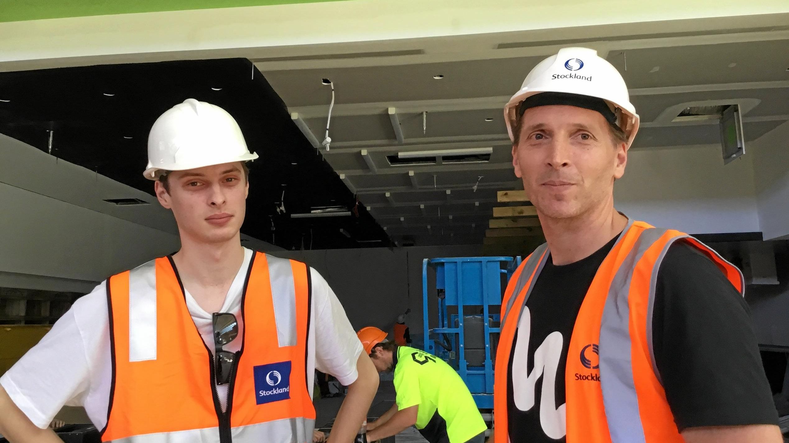 Luke O'Donnell and Damian van Roevan of Fresh Fruit Brothers inspect the fit-out of Stockland's Birtinya Shopping Centre.? Picture: Erle Levey