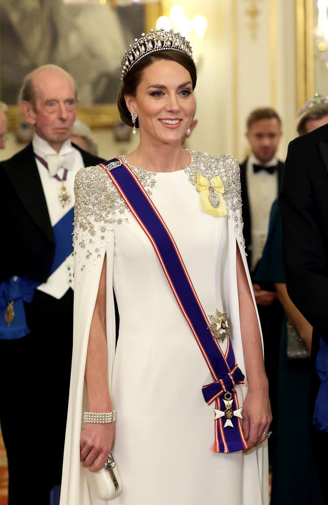 The Princess of Wales donned a pair of the late Princess Diana’s pearl earrings for a state banquet. Picture: Getty Images