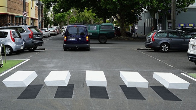 An example of a 3D zebra crossing in Melbourne's inner suburbs. Three of the ‘floating’ installations are about to be trialled in a busy Sydney seaside suburb. Picture: Yarra City Council