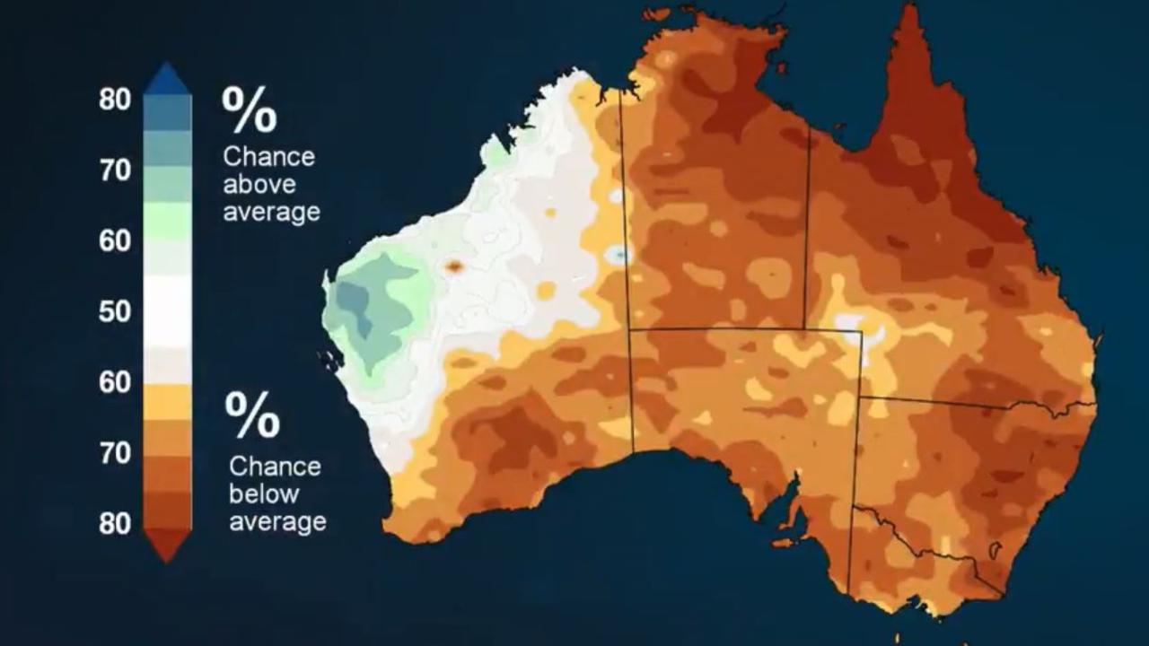 Chance of more or less rain: December is likely to be drier than average across much of Australia, including eastern Tasmania. Picture: Bureau of Meteorology