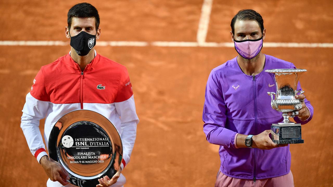 Novak Djokovic, left, and Rafael Nadal after the final of the Men's Italian Tennis Open. Picture: Filippo MONTEFORTE/AFP