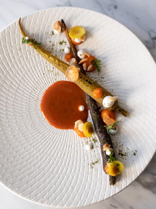 Carrot, lemon mirtle citronette, macadamia at Noi Restaurant. Picture: Monique Harmer.