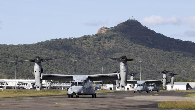 United States Marine Corps V-22 Ospreys taxiing towards the 5th Aviation Regiment in preparation for Exercise Southern Jackaroo at RAAF Base Townsville, Queensland, on 06 May 2025. PHOTO: LCPL Caitlyn Davill