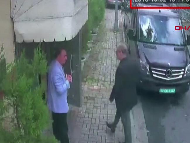 CCTV footage shows journalist Jamal Khashoggi (R) arriving at the Saudi Arabian consulate in Istanbul on October 2, 2018. Picture: AFP