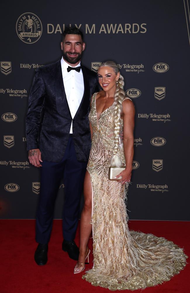 James Tamou and his partner Brittney McGlone arrive ahead of the 2022 Dally M Awards at The Winx Stand, Royal Randwick Racecourse on September 28, 2022 in Sydney, Australia. Picture: Jason McCawley / Getty Images