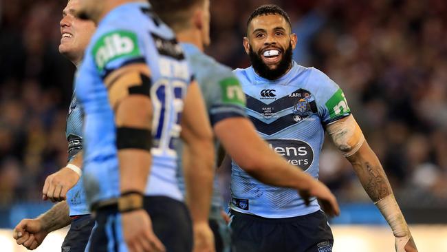 Josh Addo-Carr celebrates winning game one of the 2018 State of Origin series. Picture: Adam Head