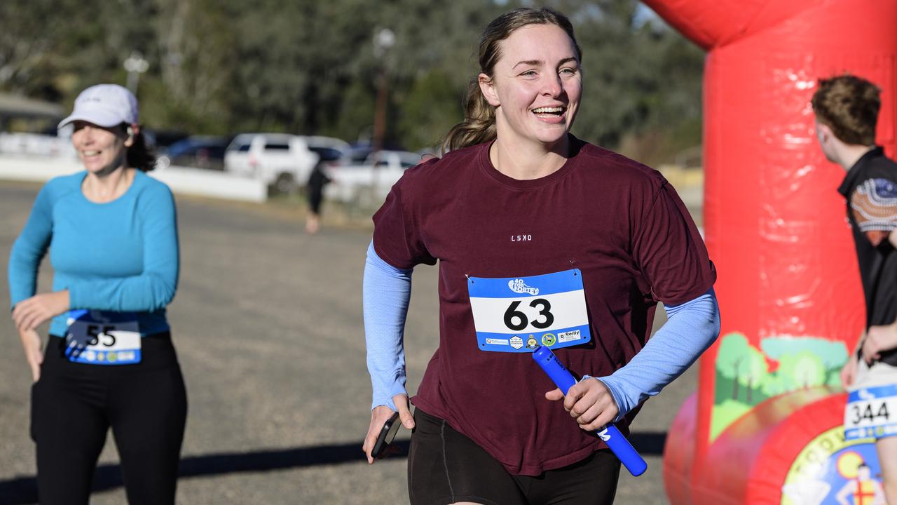 Brianna Brett takes off for team Chinchilla Police after receiving the baton from Breanna Kirk in the 40 for Fortey relay at Toowoomba Showgrounds, Sunday, June 8, 2025. Picture: Kevin Farmer
