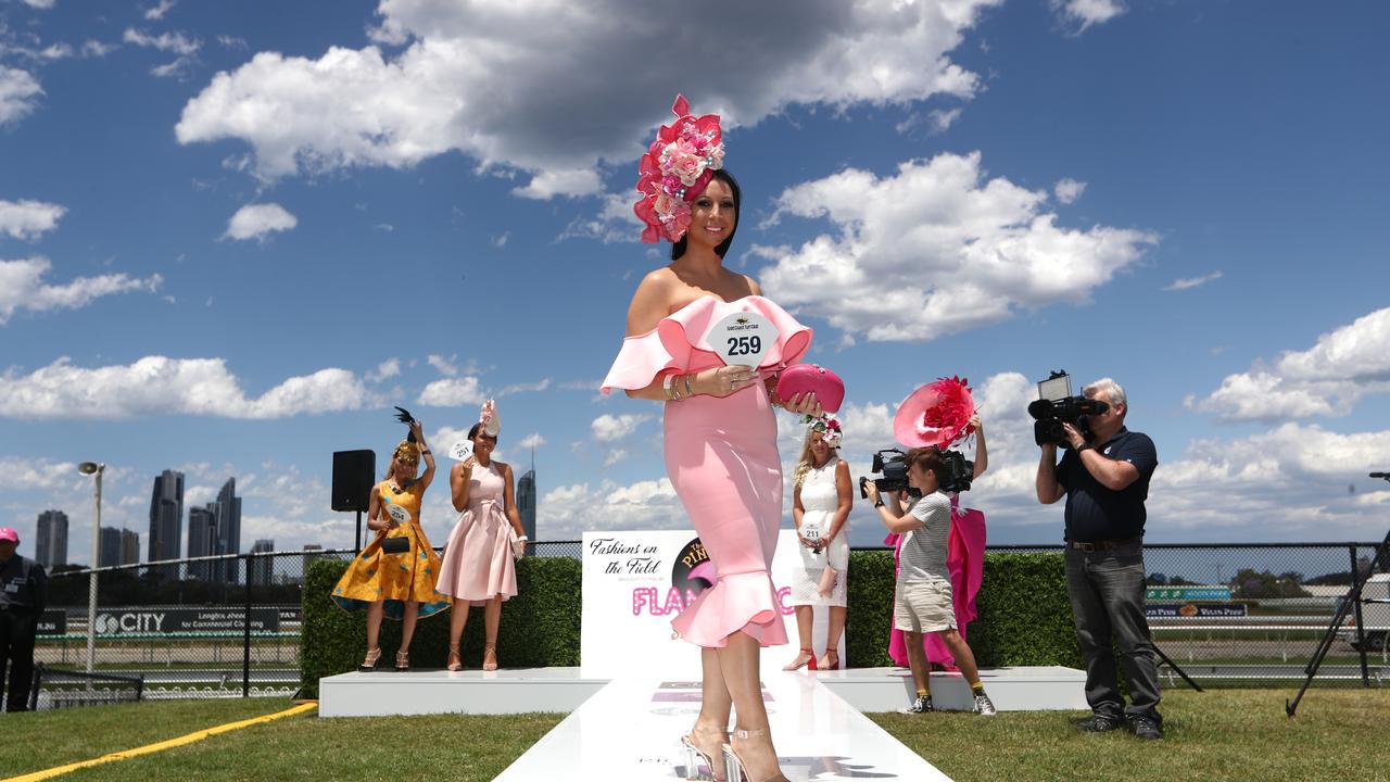 Fashions on the Field Best Headwear winner Trinity Collison during Melbourne Cup Day at The Gold Coast Turf Club. Photograph: Jason O’Brien.