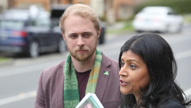 Greens Warrandyte candidate, Tomas Lightbody, at a local polling booth with Victorian Greens leader Samantha Ratnam. Picture: NCA NewsWire / David Crosling