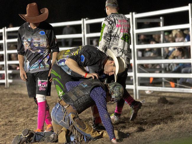 The 13 year-old girl was helped by some rodeo clowns after the fall and walked out of the ring on her own on Saturday, June 12, at Tabulam. Photo: Daniel Cohen - dcsportsphoto.com.au