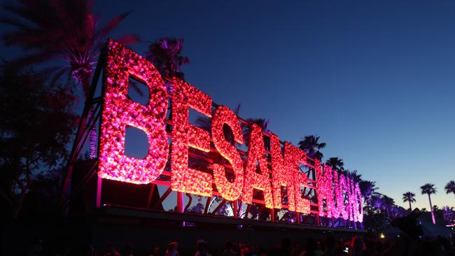 ‘Besame Mucho’ by R&amp;R Studios in Argentina, lit up at night at Coachella. Picture: David McNew