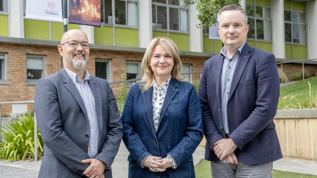 Professor Erik Wapstra, head of research for the College of Sciences and Engineering, the Hon Madeleine Ogilvie, Minister for Innovation, Science, and the Digital Economy, and Professor Nicholas Farrelly, Pro Vice-Chancellor, Campus Life (Southern Tasmania). Picture: Supplied/Peter W. Allen