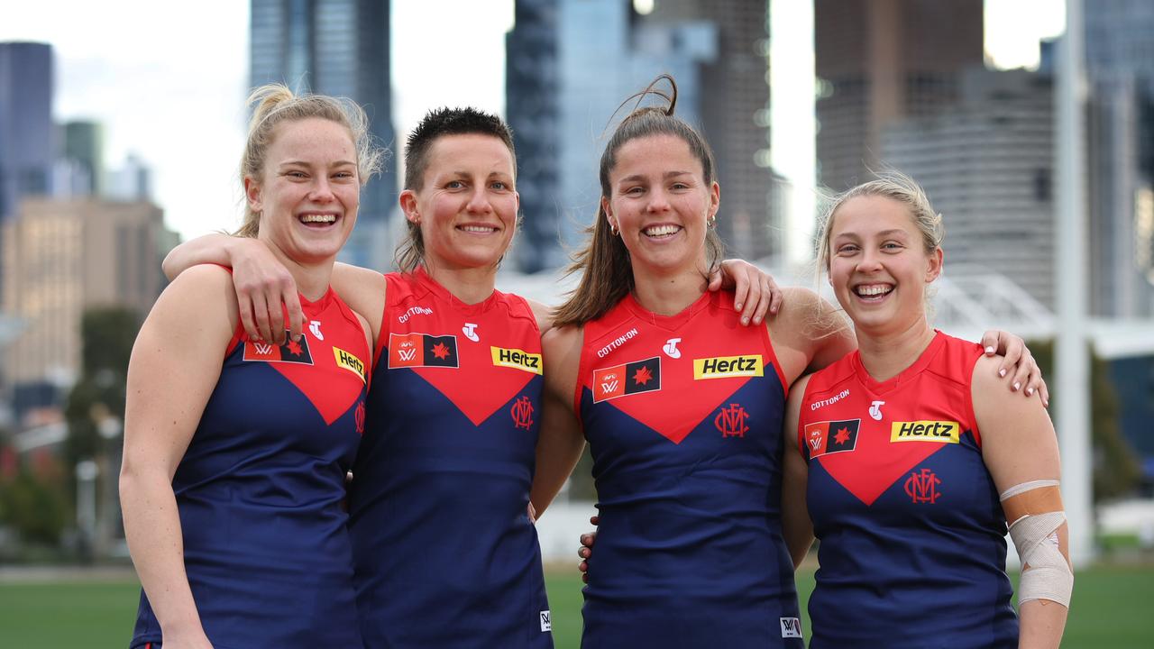 Melbourne AFLW star Paxy Paxman (second from left) has rejoined the Demons’ leadership group ahead of 2024 alongside Sarah Lampard (left), captain Kate Hore and Tyla Hanks (right). Picture: David Caird