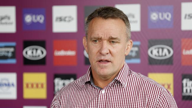 Broncos CEO Paul White speaks to the media at the club’s Red Hill base today. Picture: AAP