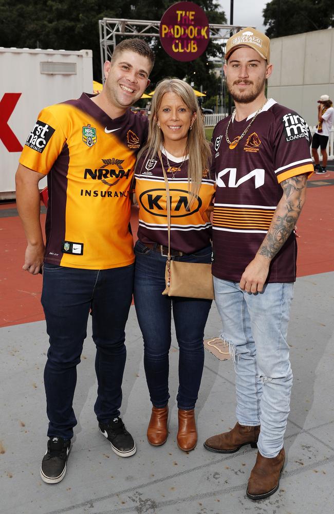 Devin Beukes, Michelle Cecil, and Mitchell Bowtell pictured at the Broncos v Rabbitohs, round 1, on Caxton Street, Brisbane 11th of March 2022. This is the first game for the BroncosÃ&#149; season.