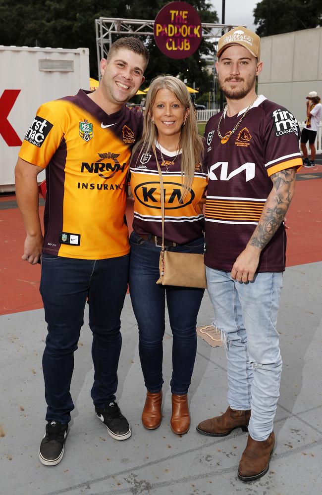 Devin Beukes, Michelle Cecil, and Mitchell Bowtell pictured at the Broncos v Rabbitohs, round 1, on Caxton Street, Brisbane 11th of March 2022. This is the first game for the BroncosÃ• season.