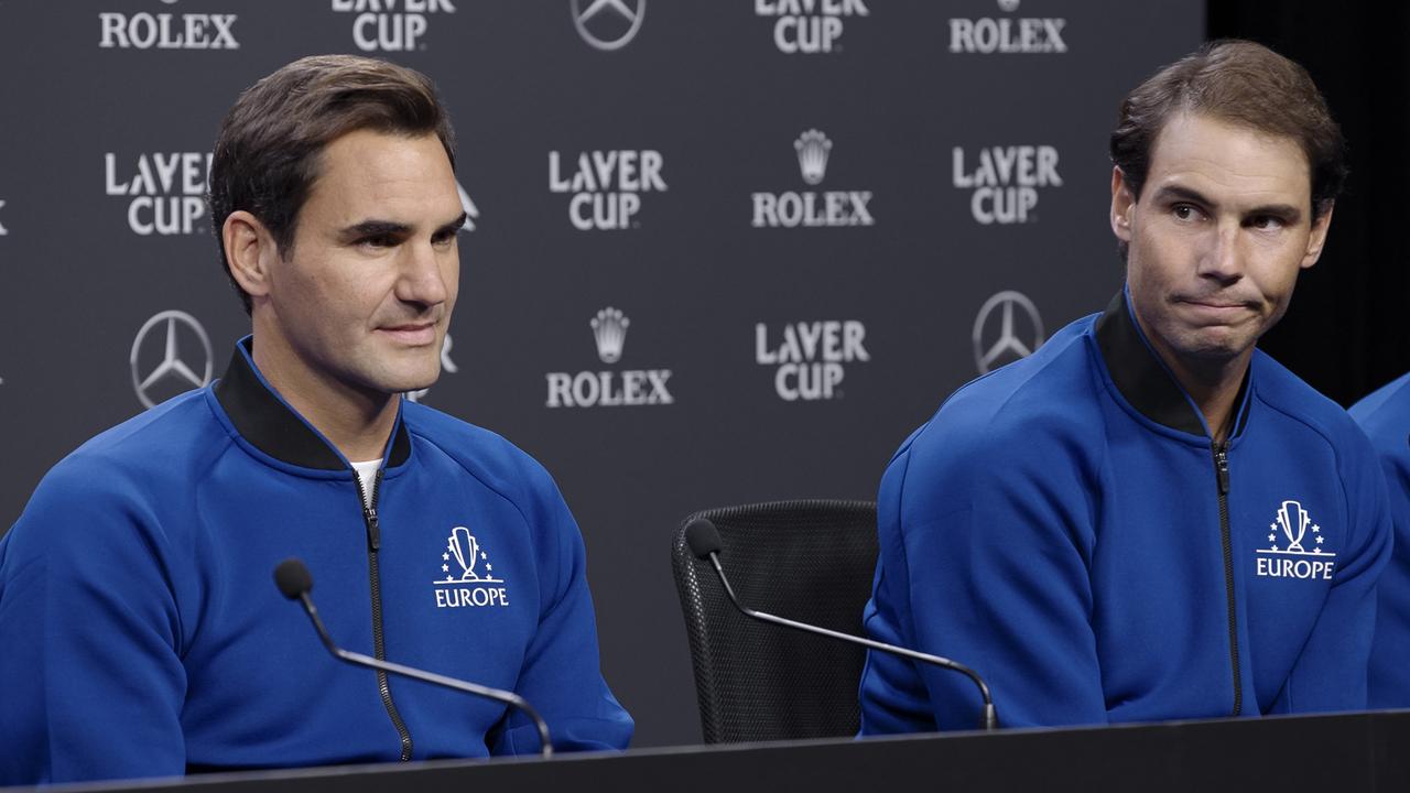 Rivals and friends Roger Federer and Rafael Nadal in the documentary Federer: 12 Final Days. Picture: Prime Video