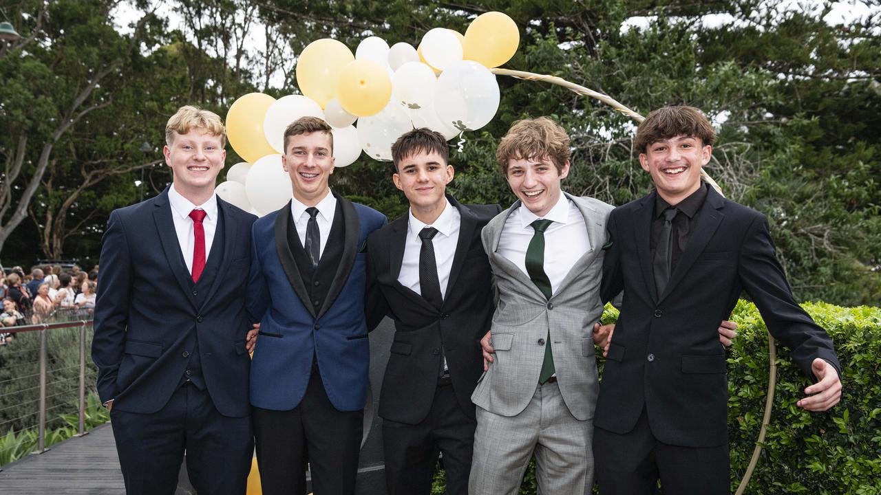 At Centenary Heights State High School formal are (from left) Liam Wilson, Daniel Skillington, Seth Boland, Kade Fitzpatrick and Sam Wilson at Picnic Point, Friday, November 15, 2024. Picture: Kevin Farmer