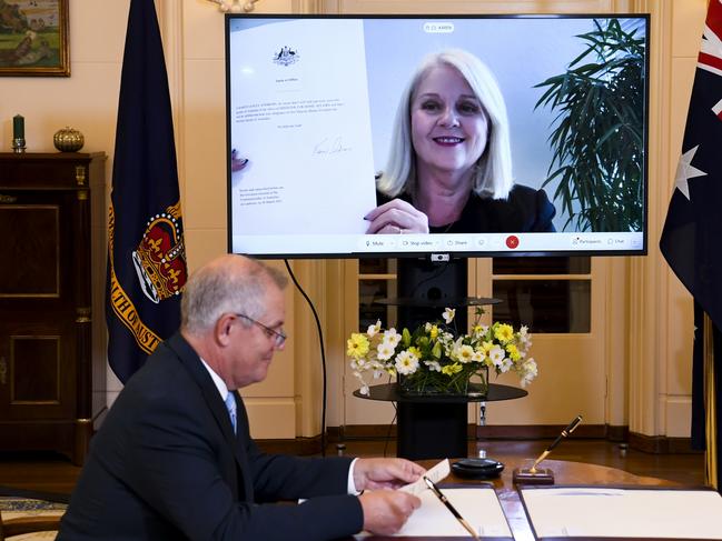 Home Affairs Minister Karen Andrews pictured via video link during a virtual swearing-in ceremony at Government House in Canberra. Picture: AAP Image