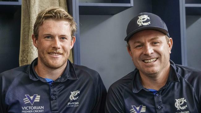 Prahran batsmen Nick Blaich and Adam Bull after their rousing partnership. Picture: Valeriu Campan