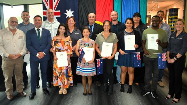 Hinchinbrook Mayor Ramon Jayo, councillors and Hinchinbrook MP Nick Dametto with new Australians James Capstick, Itai Chishanga, Leigh-Ann Christians, Rakta Krause, Stacey Lay, Jonathon Pearce and Barbara Riveros. Picture: Cameron Bates