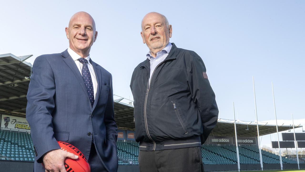 Tasmanian Premier Peter Gutwein and former Geelong President Colin Carter at UTAS Stadium, Launceston. Picture: Chris Kidd