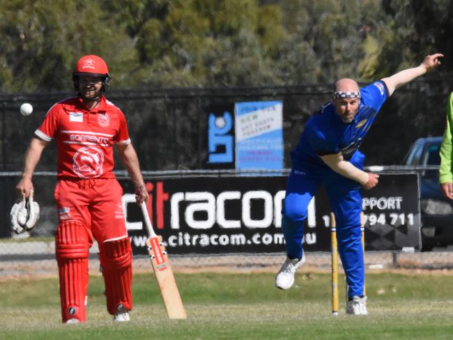 Jayde Herrick bowls for Langwarrin in the MPCA semi-final on Saturday. Pic: Damien Wust