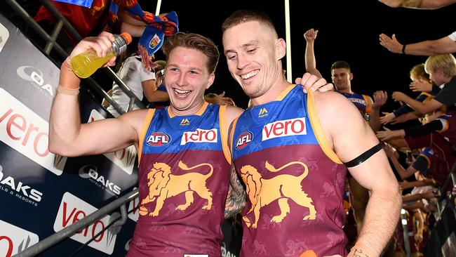 Beams and rising star Alex Witherden celebrate the win over Hawthorn on Sunday. Picture: Getty