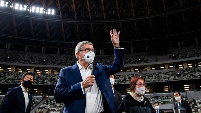 International Olympic Committee president Thomas Bach visits the National Stadium, the main venue for the postponed Tokyo Olympic and Paralympic Games.