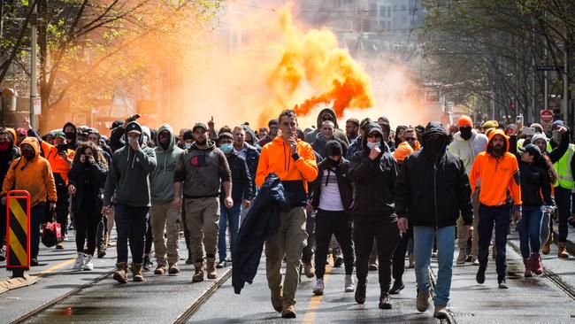 Protesters march through the streets of Melbourne on Tuesday. Picture: Getty Images