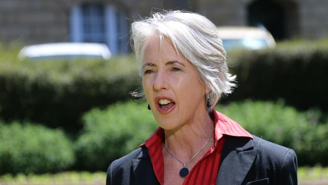 Greens leader Rosalie Woodruff speaks to the media on Parliament Lawns in Hobart on Wednesday, November 22, 2023.