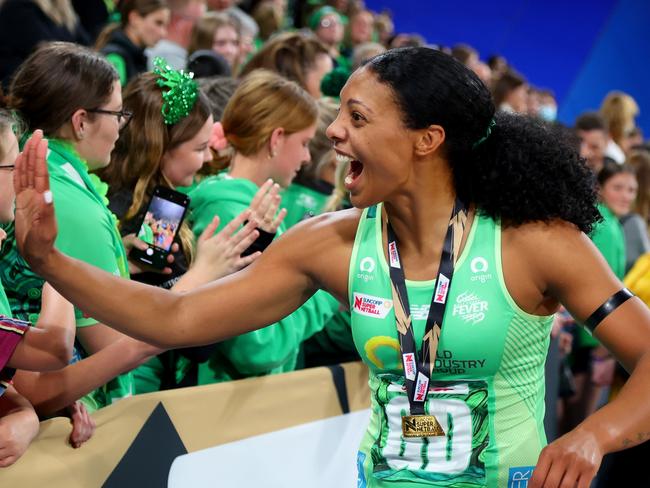 PERTH, AUSTRALIA - JULY 03: Stacey Francis-Bayman of the fever high fives the fans after their win during the Super Netball Grand Final match between West Coast Fever and Melbourne Vixens at RAC Arena, on July 03, 2022, in Perth, Australia. (Photo by James Worsfold/Getty Images)