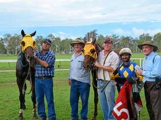 BIG WINS: Matthew, Bob and Christopher Murray, jockey Robert Faehr and Jack Murray at the 2019 Monto Races. Picture: Felicity Ripper