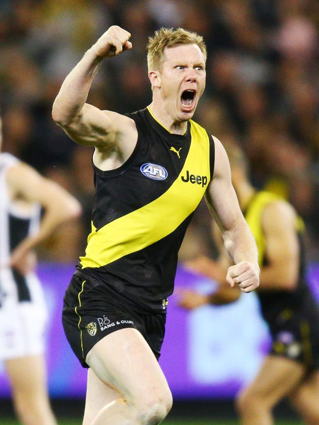 Richmond’s Jack Riewoldt celebrates a goal during the preliminary final against the Collingwood Magpies. Picture: Michael Dodge/Getty