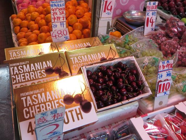 Tasmanian cherries selling for $110 in a Hong Kong market. Picture: STEPHEN EDWARDS