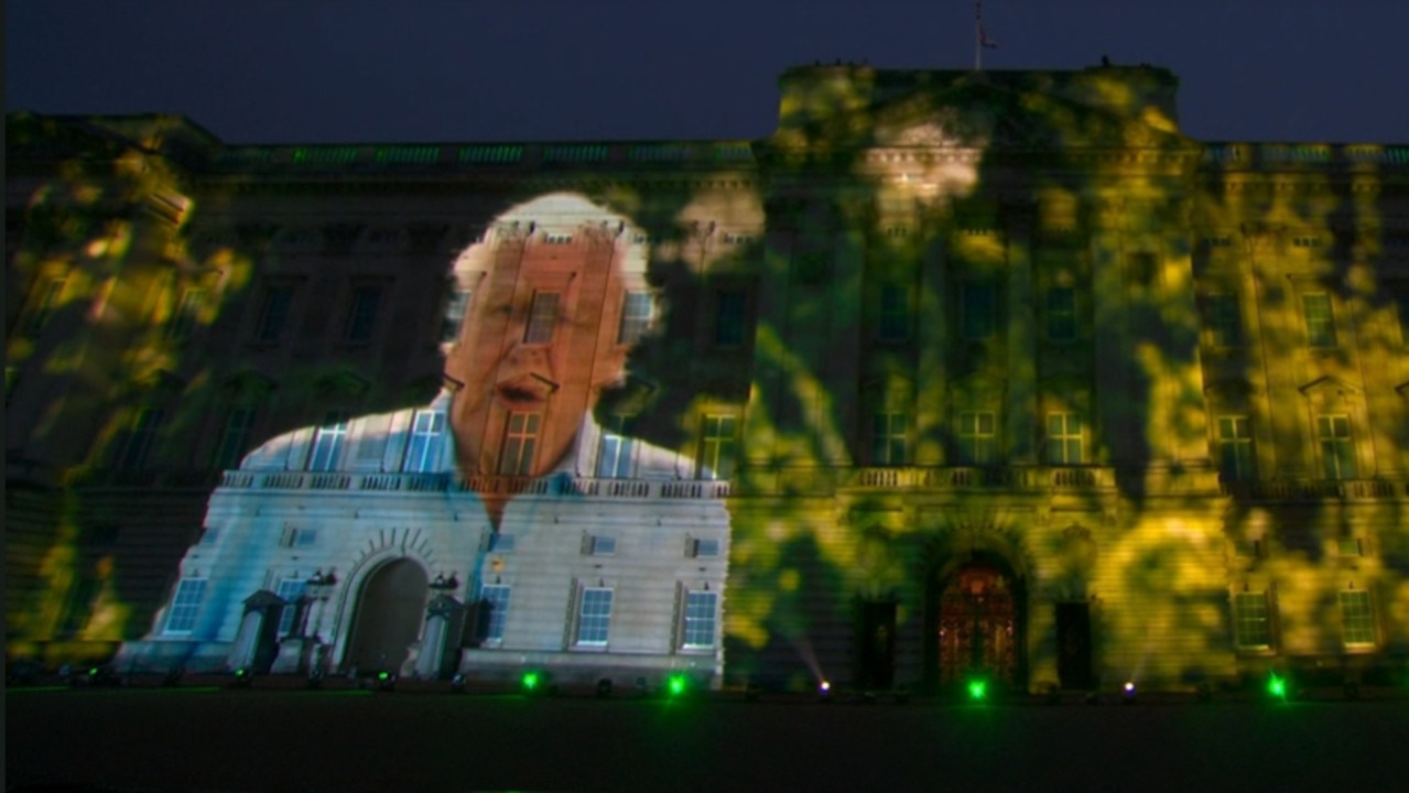 Sir David Attenborough’s message projected on to the wall at Party at the Palace. Picture: Channel 9