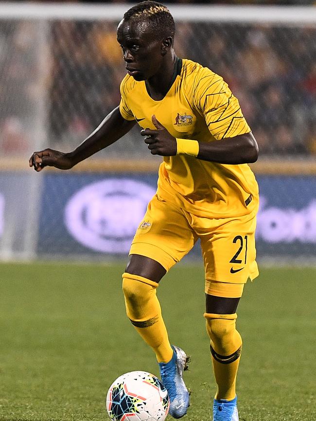 Socceroo Awer Mabil in action during the FIFA World Cup Asian qualifiers against Nepal at Canberra Stadium last month. Picture: AAP Image/James Gourley