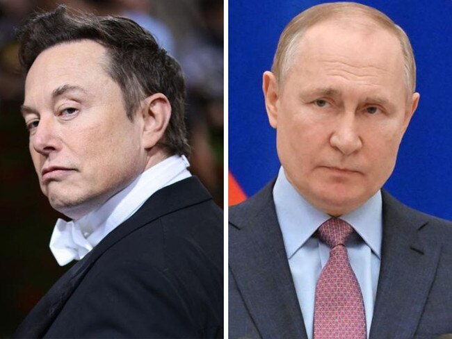 Elon Musk is dangerously wrong about Russia-Ukraine war. Picture: Dimitrios Kambouris / Getty Images North America / AFP; Sergei Guneyev / Sputnik / AFP