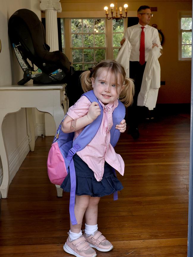 ‘C’mon Dad! Big day ahead’. Beatrice is ready for a day at the office.