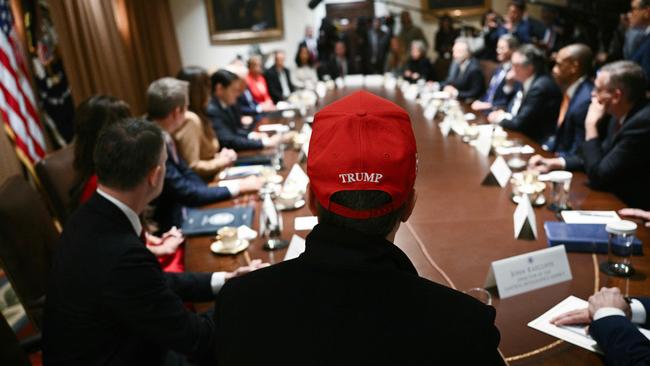 Elon Musk, wearing a red Trump cap, looks on during a cabinet meeting at the White House. Picture: AFP