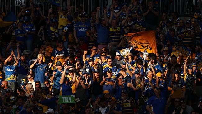 Eels fans cheer during the NRL elimination final against the Broncos at Bankwest Stadium. Picture: AAP