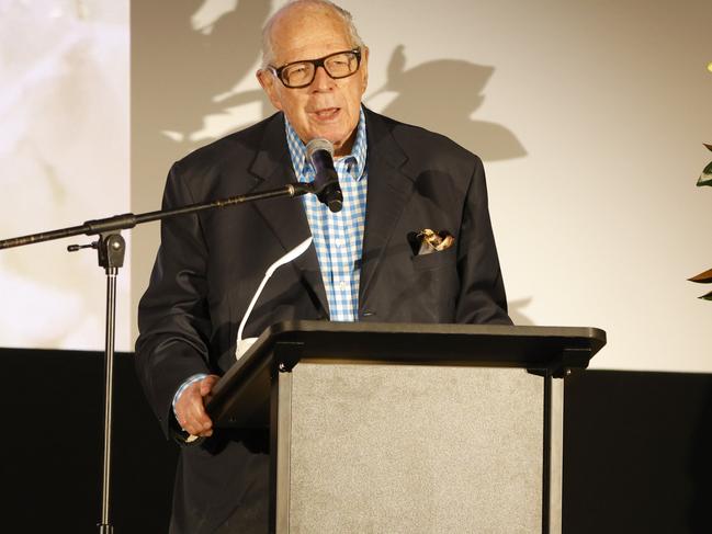 Leo Schofields speaks at the Public Memorial for Fashion icon Maggie Tabberer at the Randwick Ritz. Picture: NewsWire / Damian Shaw