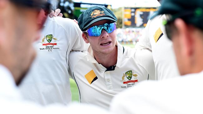 Australian captain Steve Smith gives a stirring addresses to his young team in Adelaide.