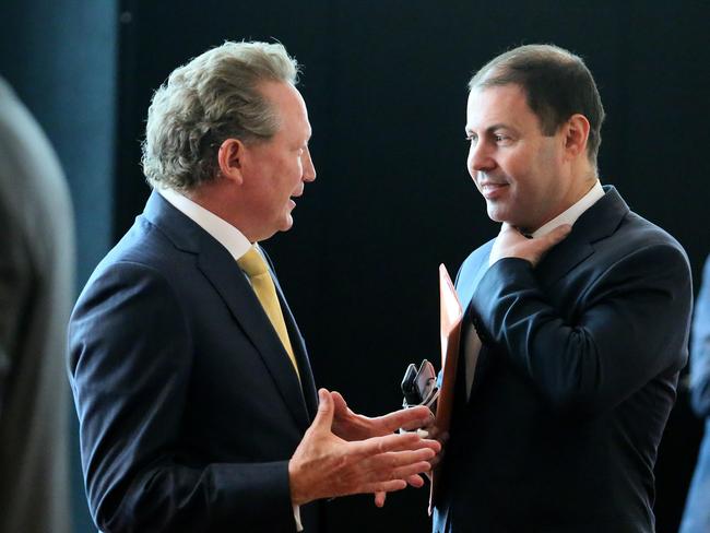 08/06/2016 Fortescue Metals Group chairman Andrew Forrest, who is deliviering the Sir Arvi Parbo oration at the AMEC mining conference in Perth with Federal Resources minister Josh Frydenberg. Colin Murty The Australian