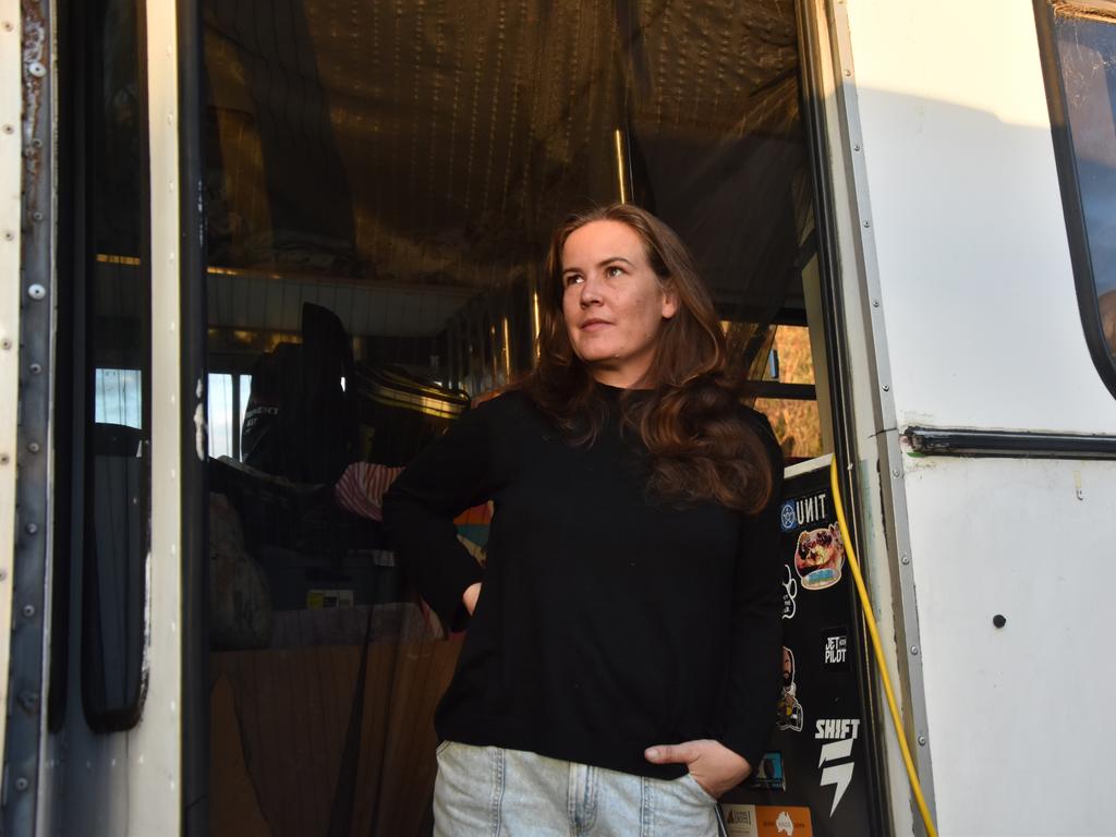 Emma Lenz, a single mother of two now lives in a bus after being priced out of the rental market in early 2023. Photo: Jessica Klein